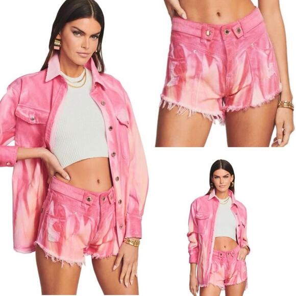 RETROFETE Tessa Short Micro Frayed Denim Vintage Watercolor Sunset Size 23 NEW - Picture 1 of 10